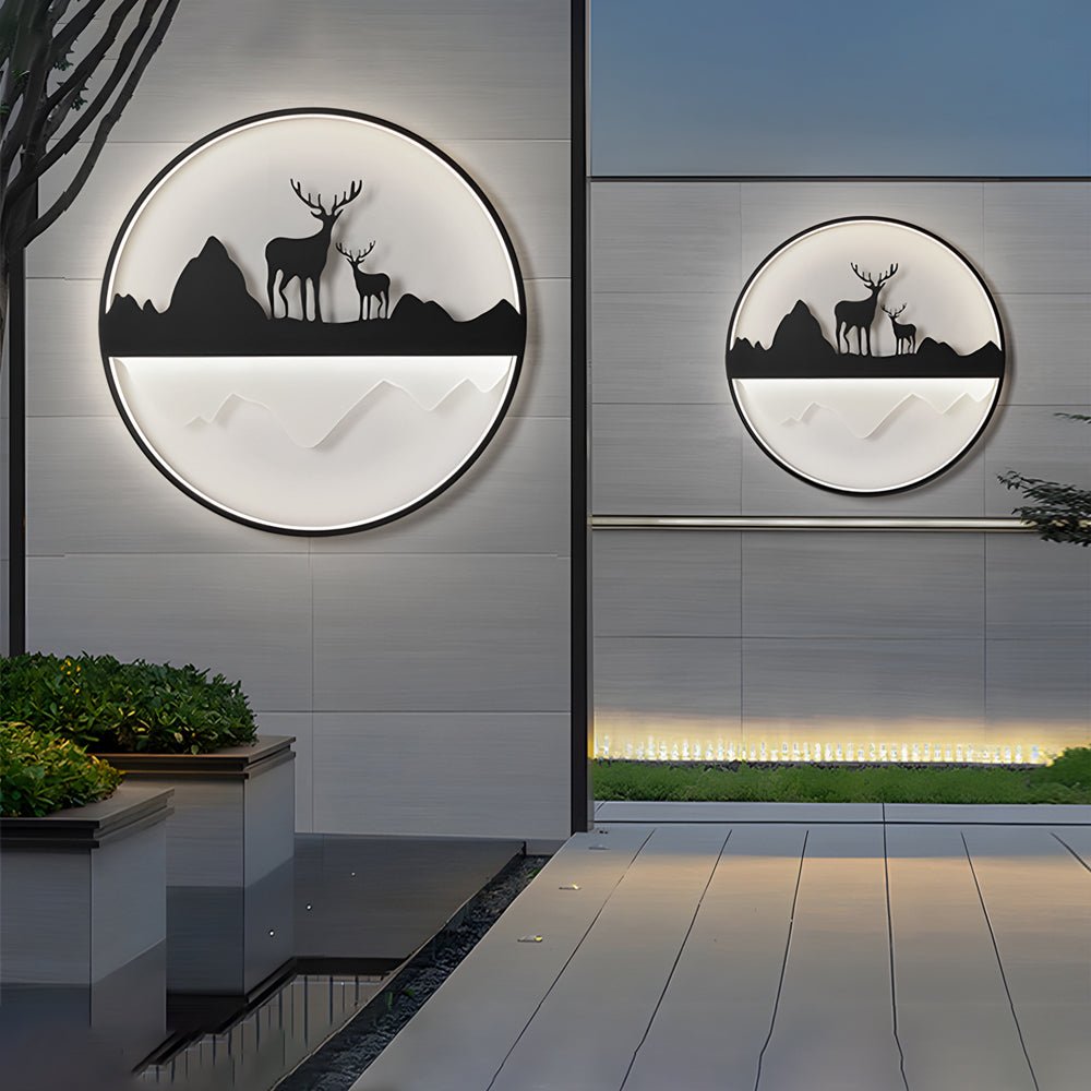 Round Mountain Scenery Silhouette Outdoor Wall Sconce — Iron and Acrylic, Dimmable, Remote Control, 3000K–6000K, Hardwired