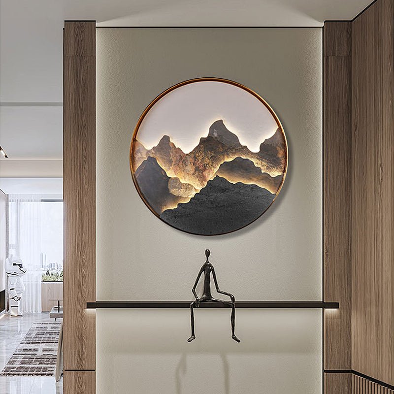 Modern Wall Light Fixture with Round Natural Rock Slab and Mountain Scenery Painting