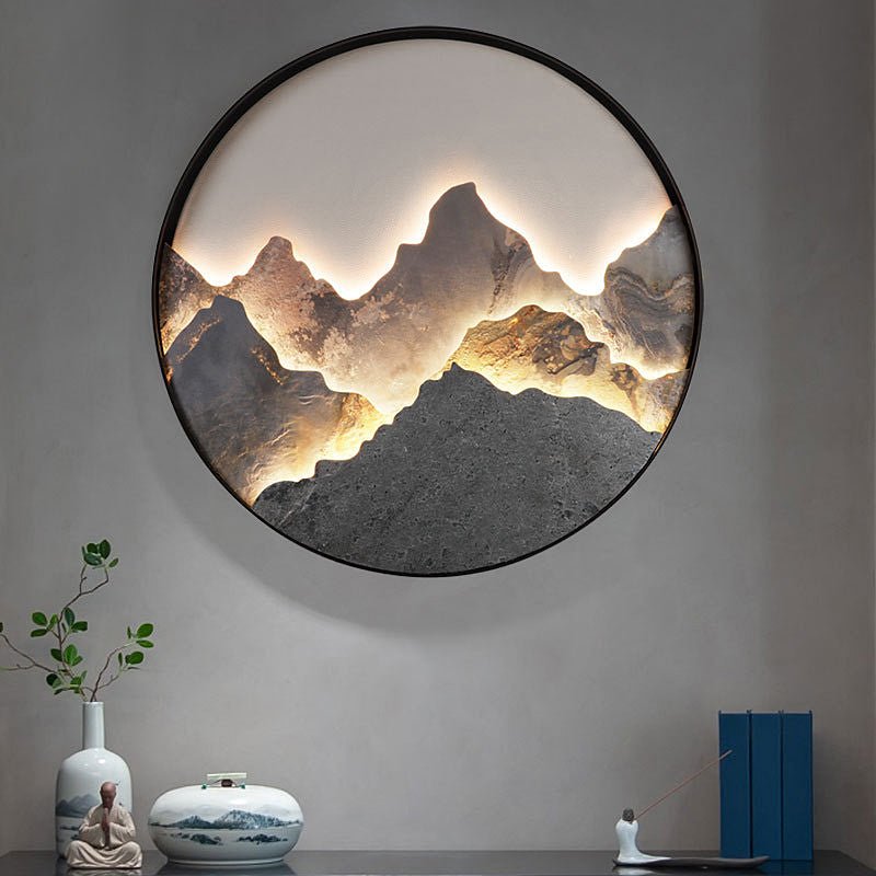 Modern Wall Light Fixture with Round Natural Rock Slab and Mountain Scenery Painting