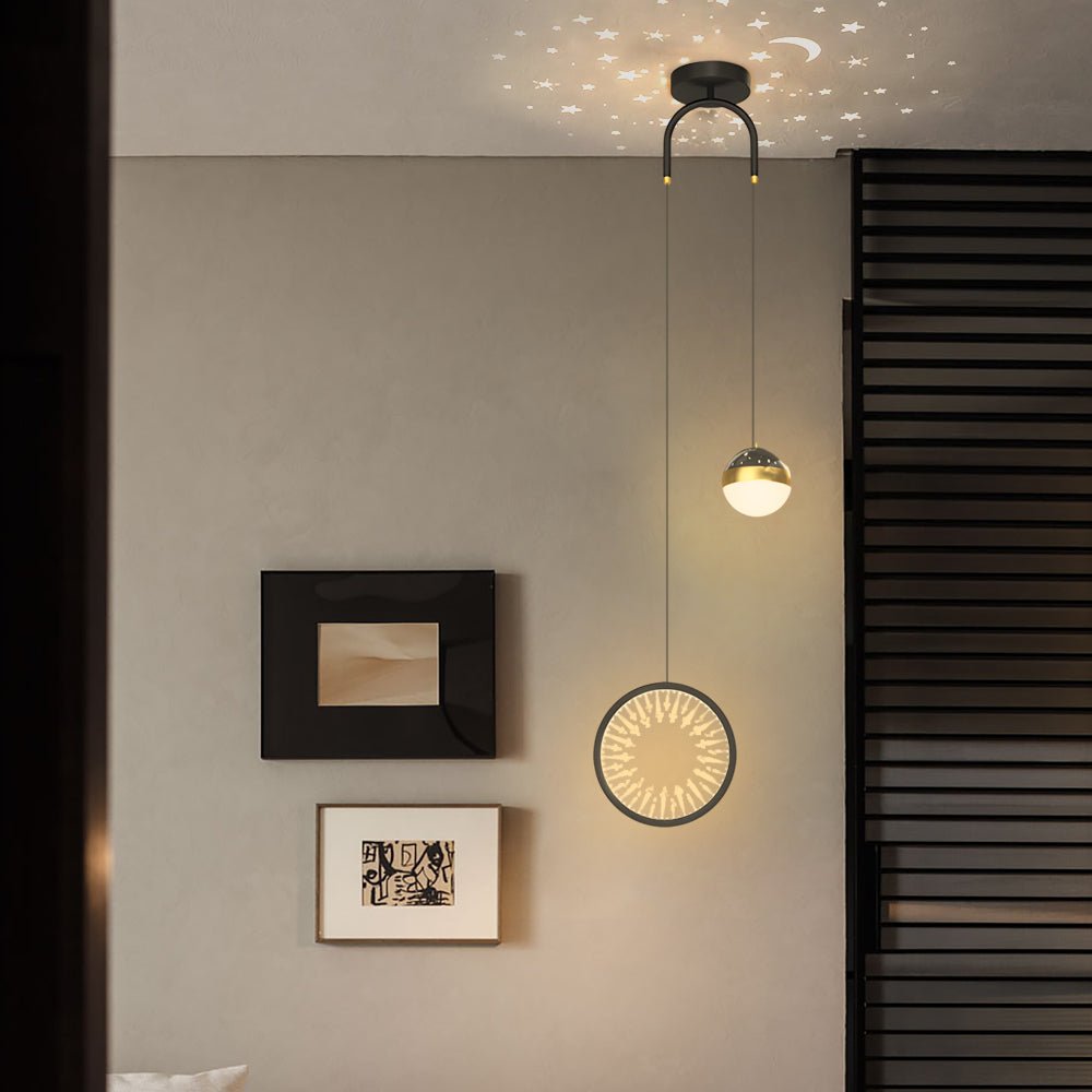 Round & Oval Starry Projection Mini Pendant — Black & Gold, Iron/Acrylic, 20W LED, 3-Step Dimming (3000K/4500K/6000K)