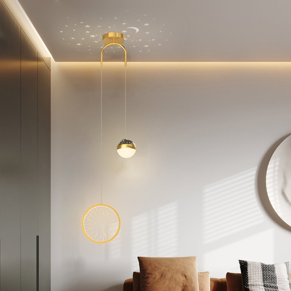 Round & Oval Starry Projection Mini Pendant — Black & Gold, Iron/Acrylic, 20W LED, 3-Step Dimming (3000K/4500K/6000K)