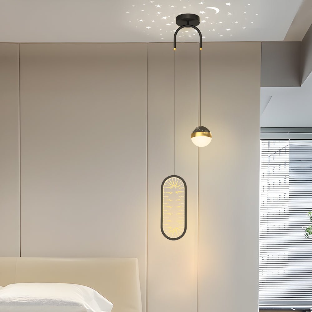 Round & Oval Starry Projection Mini Pendant — Black & Gold, Iron/Acrylic, 20W LED, 3-Step Dimming (3000K/4500K/6000K)