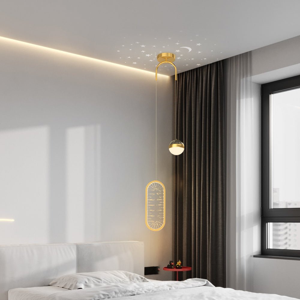 Round & Oval Starry Projection Mini Pendant — Black & Gold, Iron/Acrylic, 20W LED, 3-Step Dimming (3000K/4500K/6000K)