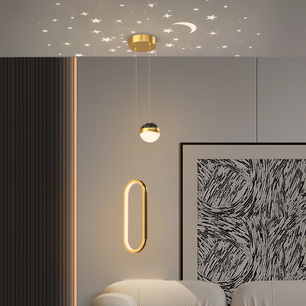 Modern Starry Projection Pendant — Iron & Acrylic, 15W LED, 3-Step Dimming, Round or Oval, Black or Gold