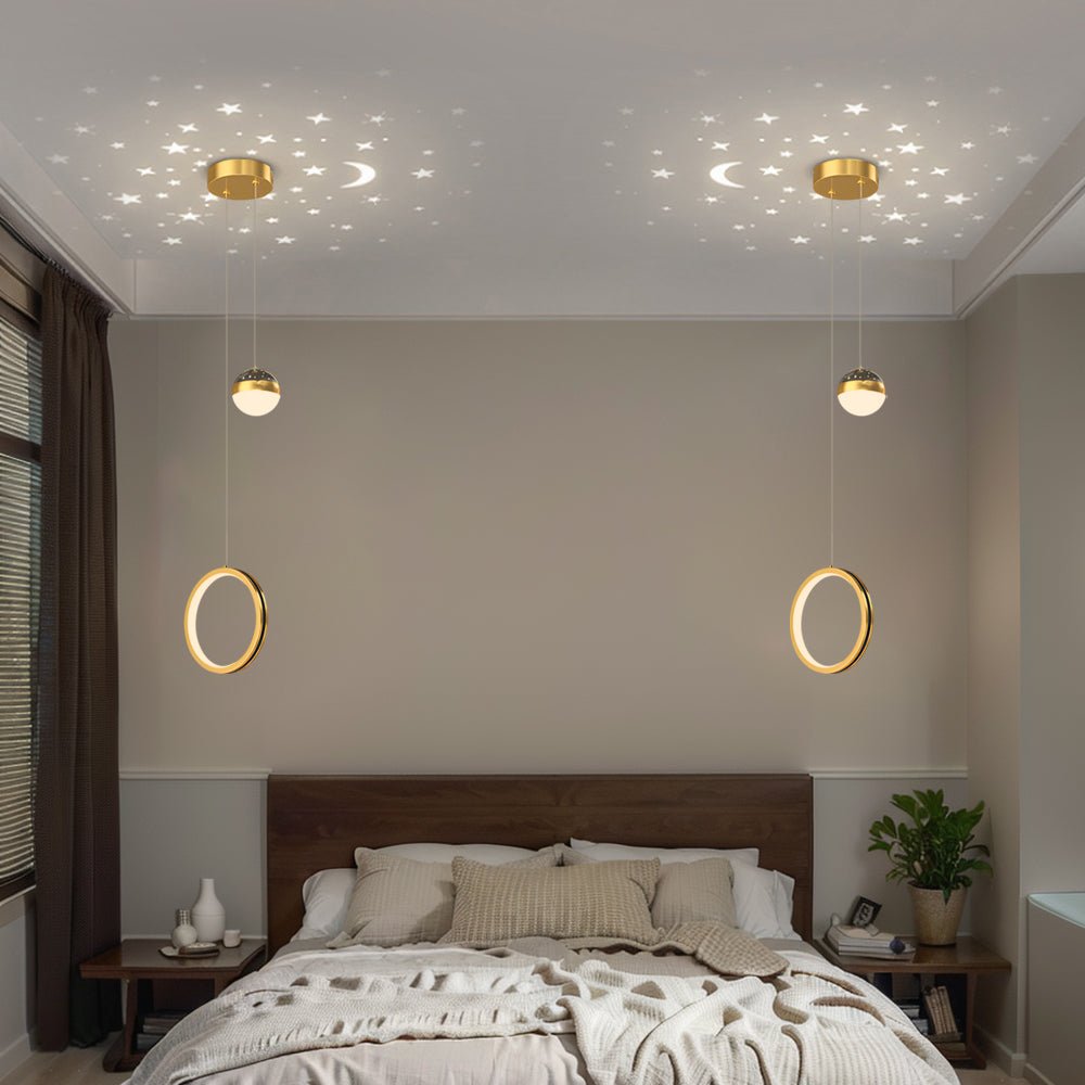 Modern Starry Projection Pendant — Iron & Acrylic, 15W LED, 3-Step Dimming, Round or Oval, Black or Gold