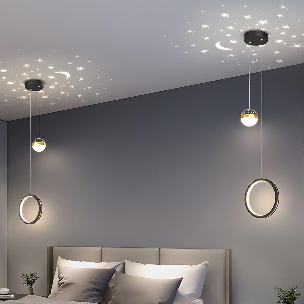 Modern Starry Projection Pendant — Iron & Acrylic, 15W LED, 3-Step Dimming, Round or Oval, Black or Gold