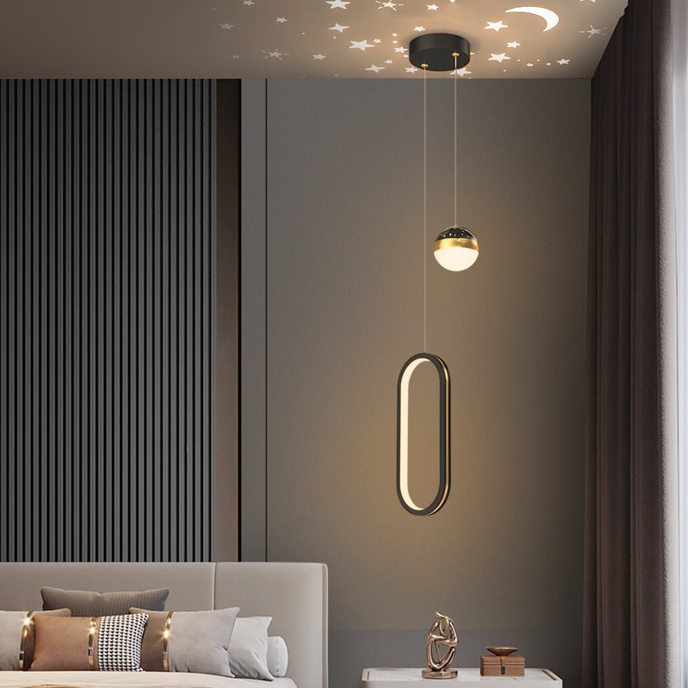 Modern Starry Projection Pendant — Iron & Acrylic, 15W LED, 3-Step Dimming, Round or Oval, Black or Gold