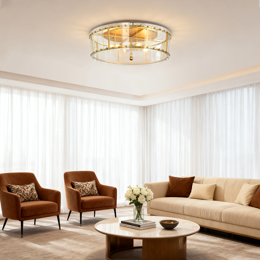 Round Geometric Flush-Mount Ceiling Light — Gold, Transparent Glass Shade, E12 Multi-Light, 24"