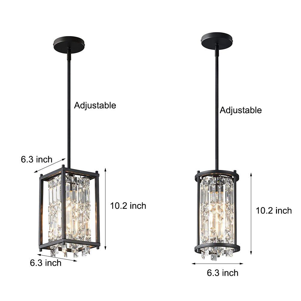 Round & Square Crystal Mini Pendant — Iron Frame, Black or Copper, 6.3" x 10.2"