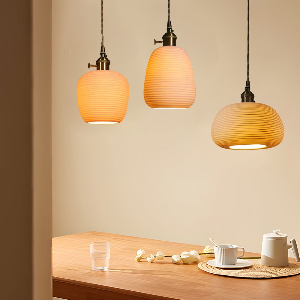 Japanese Style Chandelier with Round Striped Handmade Ceramic Shade and Brass Accents