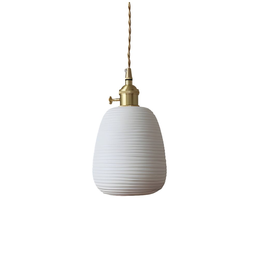 Round Striped Handmade Ceramic Mini Pendant — Brass Accents, E27, Adjustable 59.1" Cord