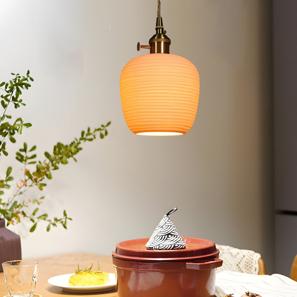 Round Striped Handmade Ceramic Mini Pendant — Brass Accents, E27, Adjustable 59.1" Cord