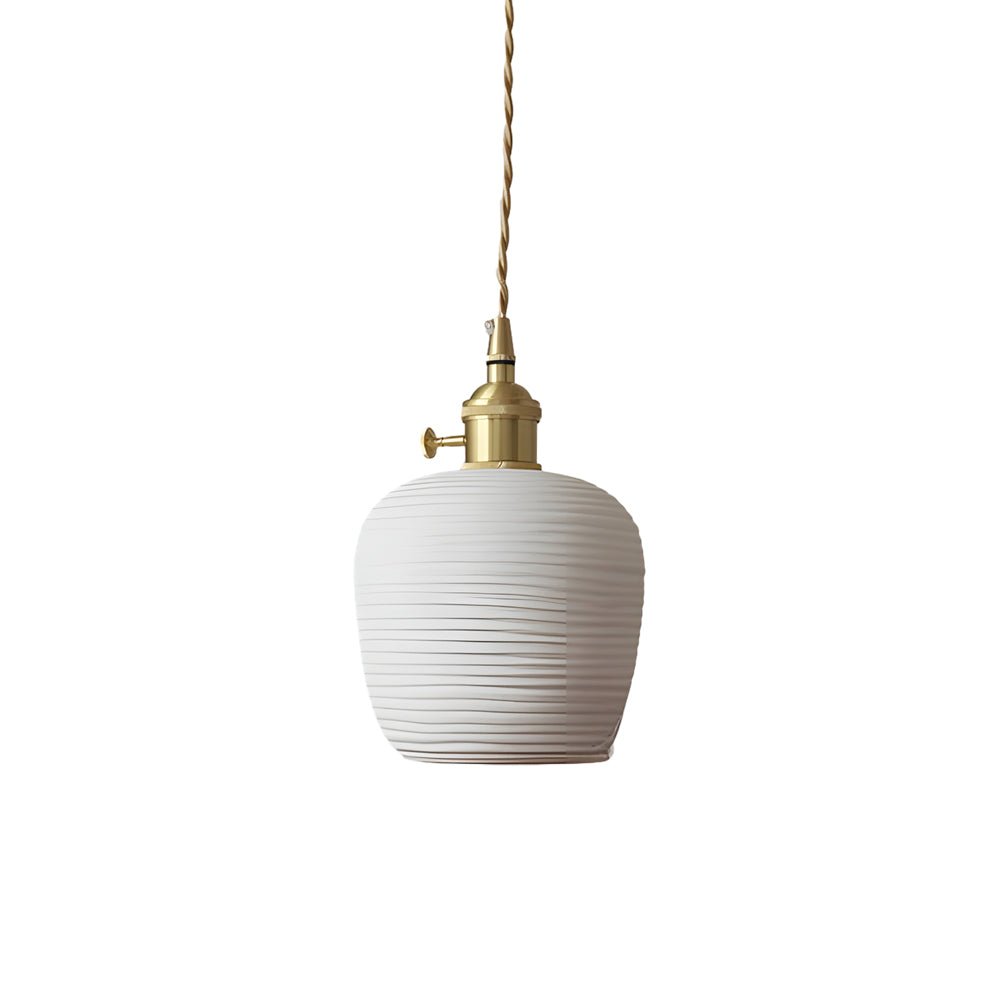 Round Striped Handmade Ceramic Mini Pendant — Brass Accents, E27, Adjustable 59.1" Cord