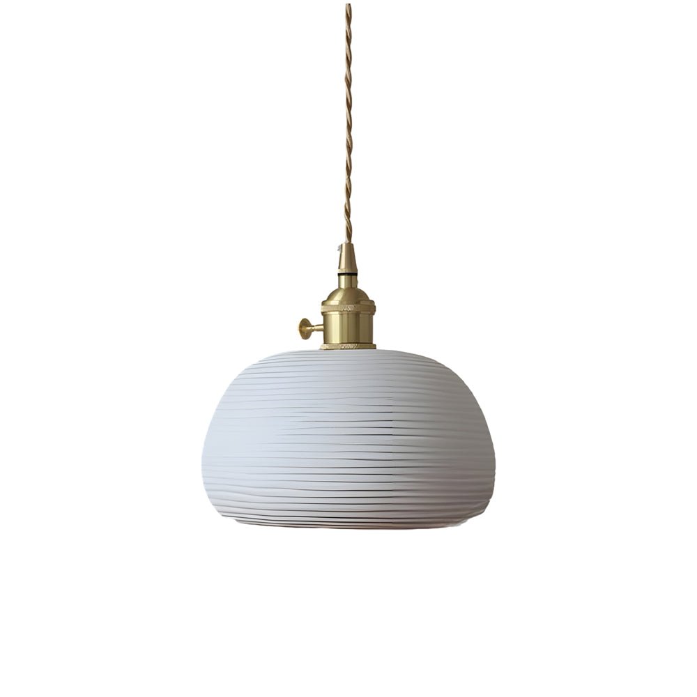Round Striped Handmade Ceramic Mini Pendant — Brass Accents, E27, Adjustable 59.1" Cord