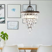 Tiered Water-Drop Crystal Chandelier — Aged Metal, Mid-Century Modern, 14.2" or 17.7" Diameter