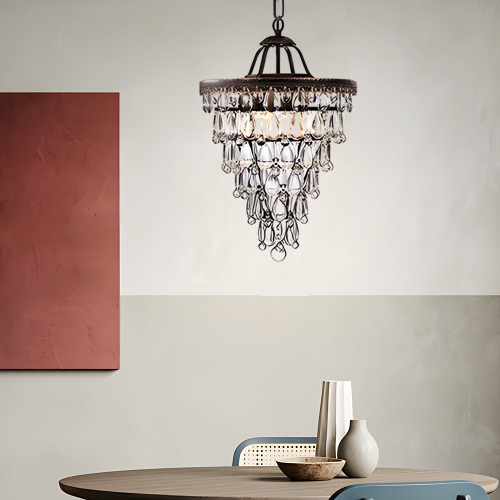Tiered Water-Drop Crystal Chandelier — Aged Metal, Mid-Century Modern, 14.2" or 17.7" Diameter