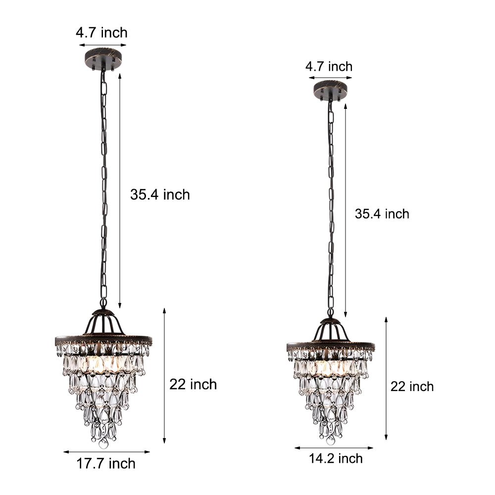 Tiered Water-Drop Crystal Chandelier — Aged Metal, Mid-Century Modern, 14.2" or 17.7" Diameter
