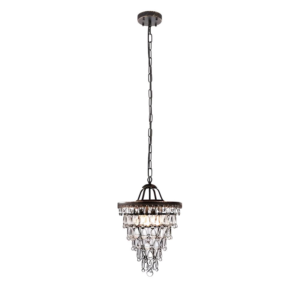 Tiered Water-Drop Crystal Chandelier — Aged Metal, Mid-Century Modern, 14.2" or 17.7" Diameter