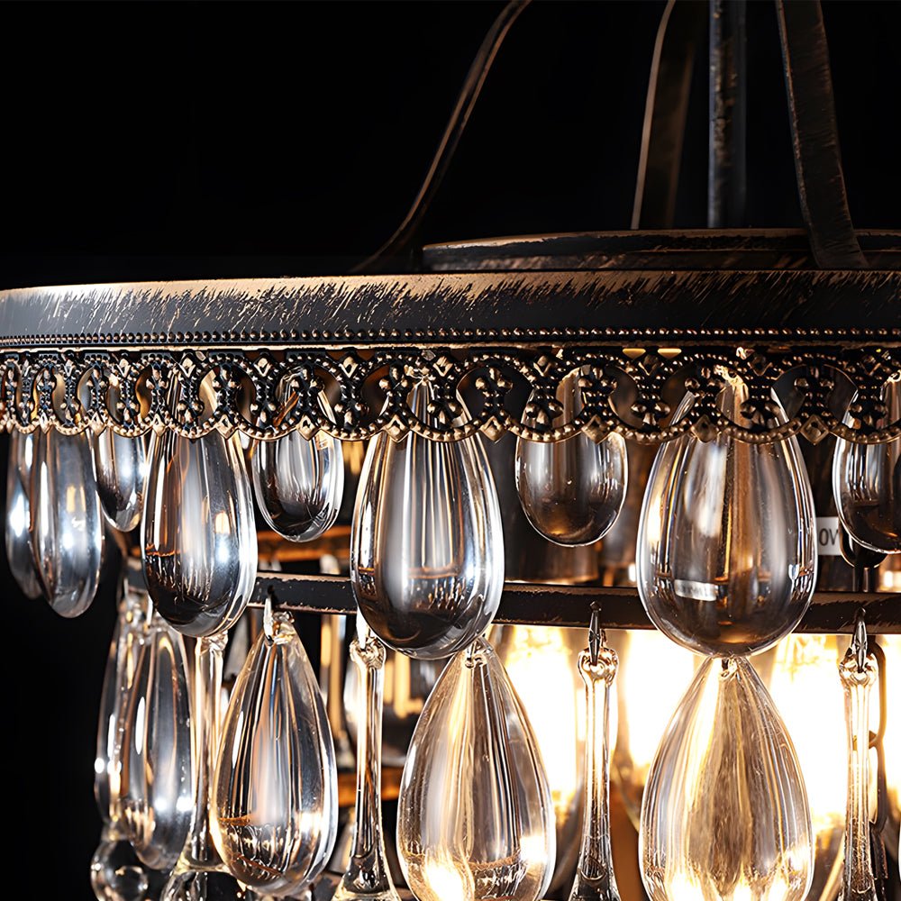 Tiered Water-Drop Crystal Chandelier — Aged Metal, Mid-Century Modern, 14.2" or 17.7" Diameter