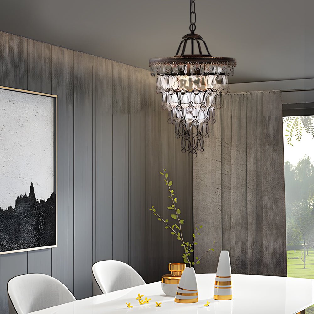 Tiered Water-Drop Crystal Chandelier — Aged Metal, Mid-Century Modern, 14.2" or 17.7" Diameter
