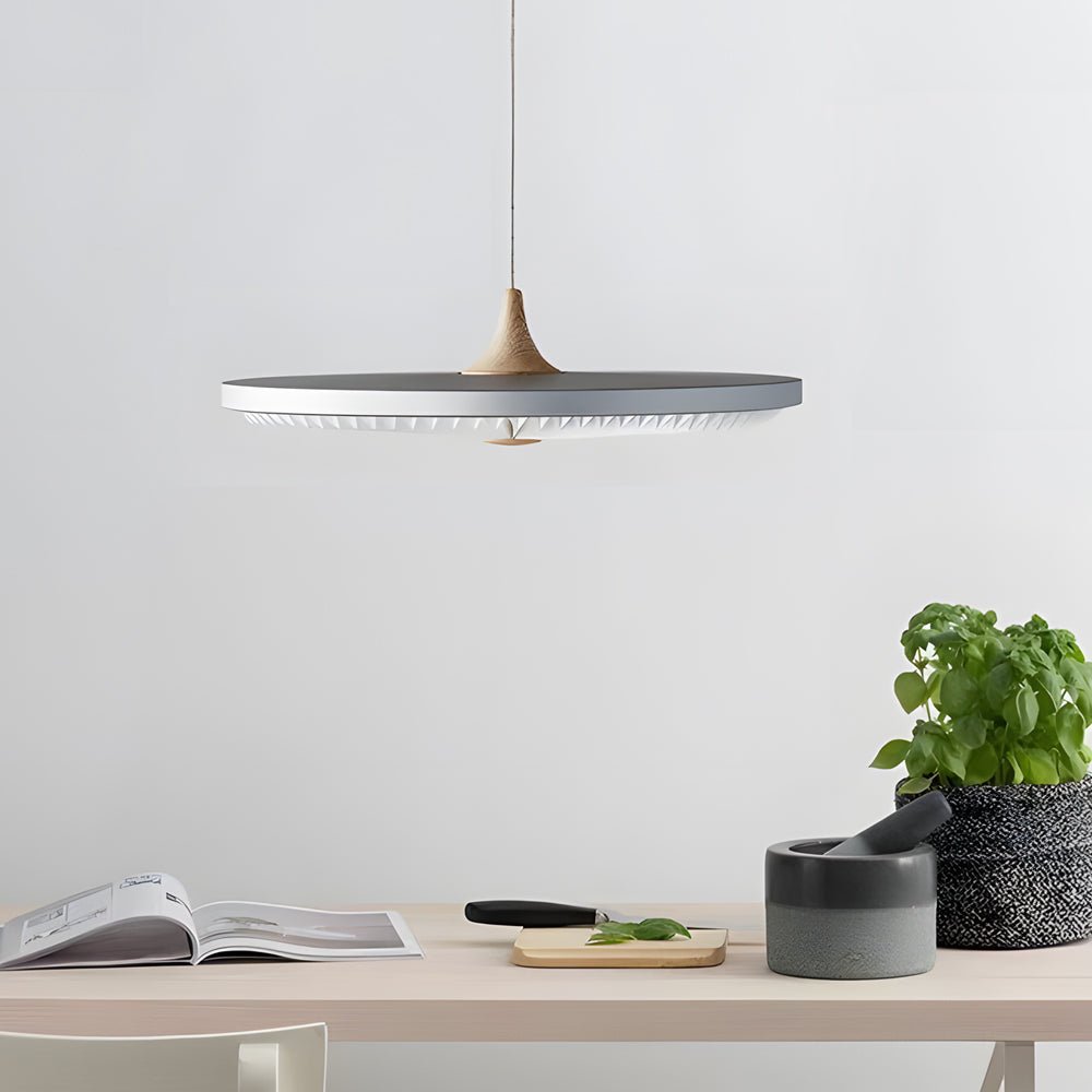 Round UFO LED Pendant Light — Black + Walnut or Gray + Wood, 3-Step Dimming, 15.7" Diameter, Kitchen Island