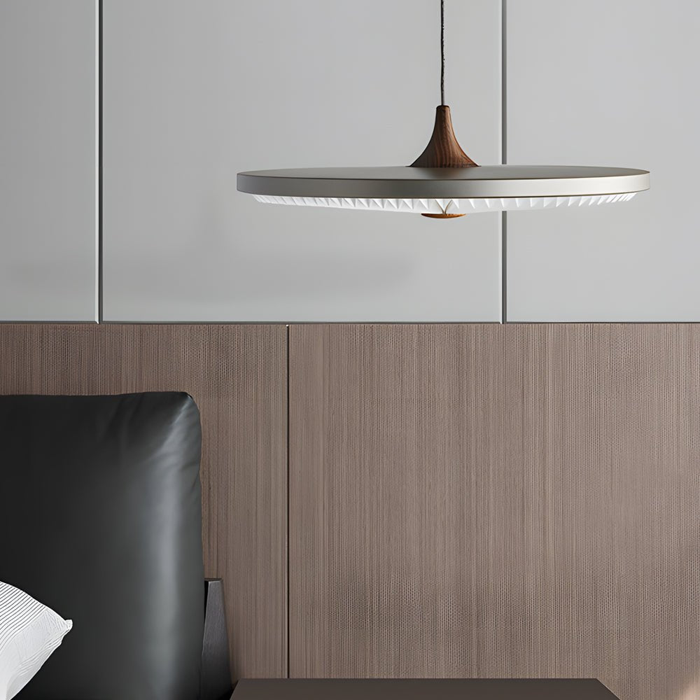 Round UFO LED Pendant Light — Black + Walnut or Gray + Wood, 3-Step Dimming, 15.7" Diameter, Kitchen Island