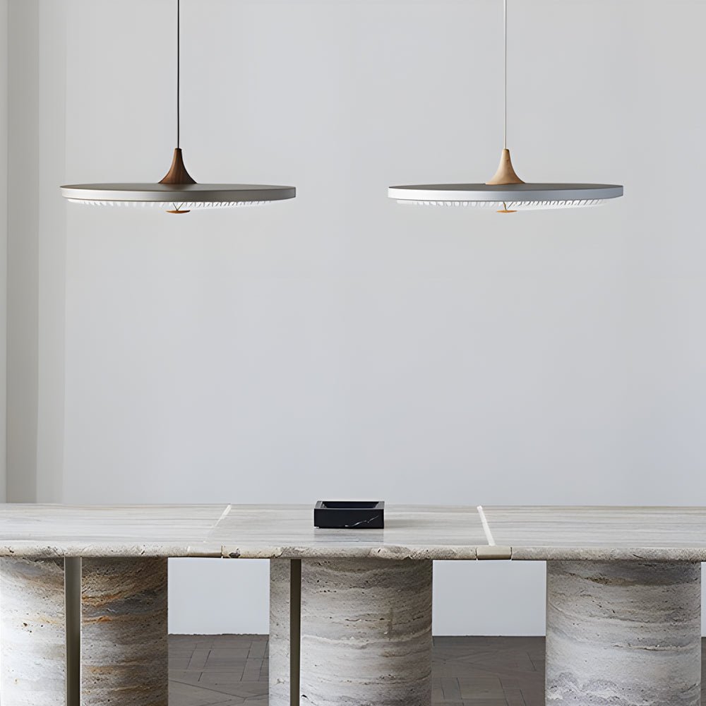 Round UFO LED Pendant Light — Black + Walnut or Gray + Wood, 3-Step Dimming, 15.7" Diameter, Kitchen Island