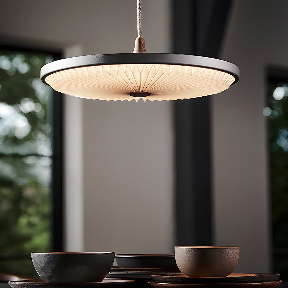 Round UFO LED Pendant Light — Black + Walnut or Gray + Wood, 3-Step Dimming, 15.7" Diameter, Kitchen Island