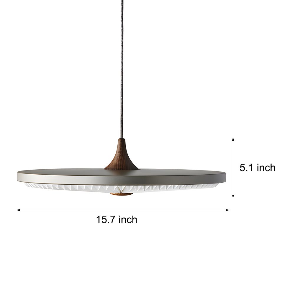 Round UFO LED Pendant Light — Black + Walnut or Gray + Wood, 3-Step Dimming, 15.7" Diameter, Kitchen Island