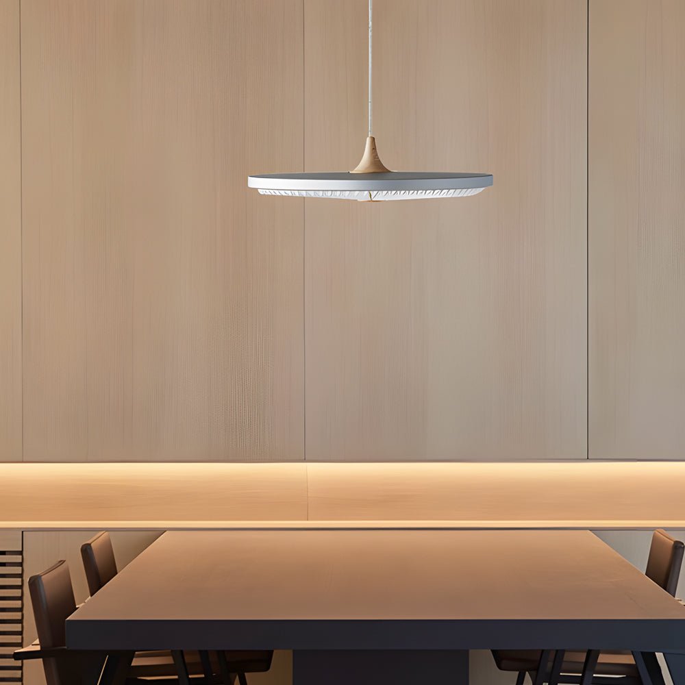Round UFO LED Pendant Light — Black + Walnut or Gray + Wood, 3-Step Dimming, 15.7" Diameter, Kitchen Island