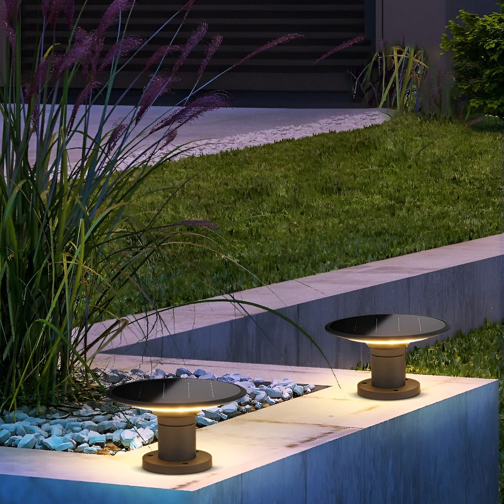 round ufo shaped led solar fence post lights with two color temperatures waterproof for outdoor use