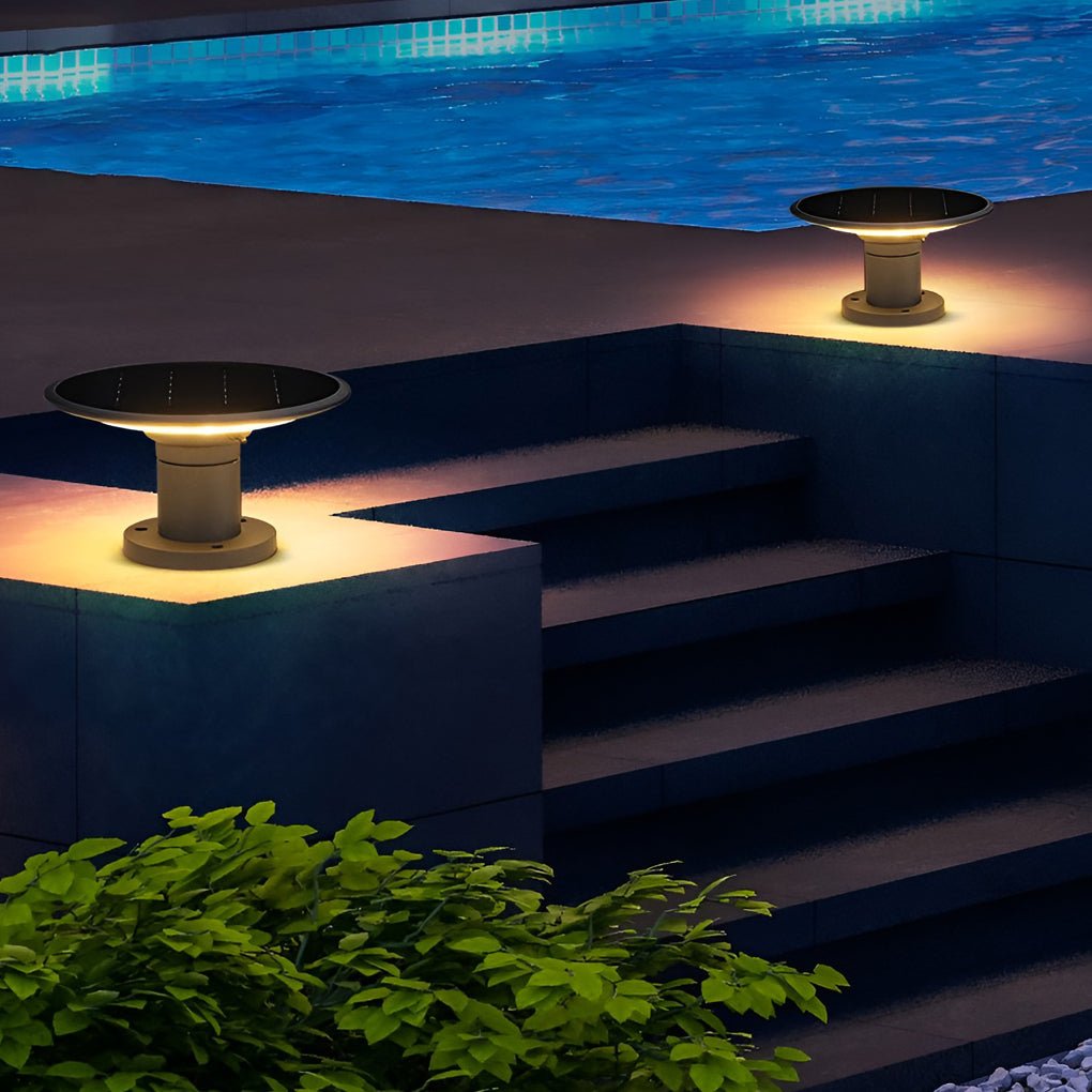 round ufo shaped led solar fence post lights with two color temperatures waterproof for outdoor use