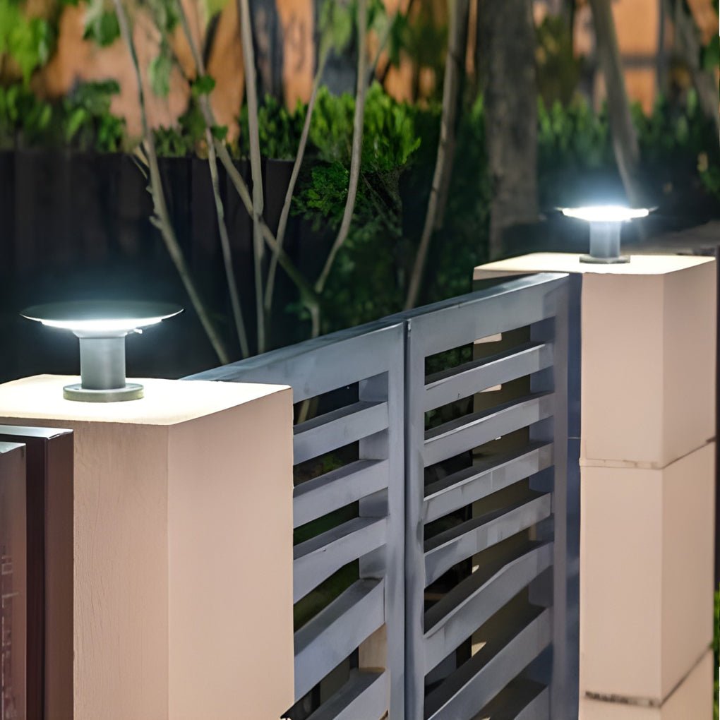 round ufo shaped led solar fence post lights with two color temperatures waterproof for outdoor use