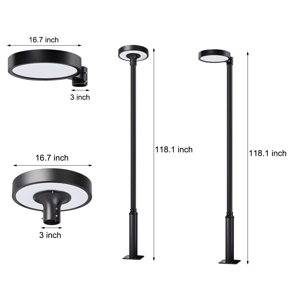 Round Solar LED Post Top Light — Aluminum & PMMA, Black, 20W Panel, IP65, Remote Control