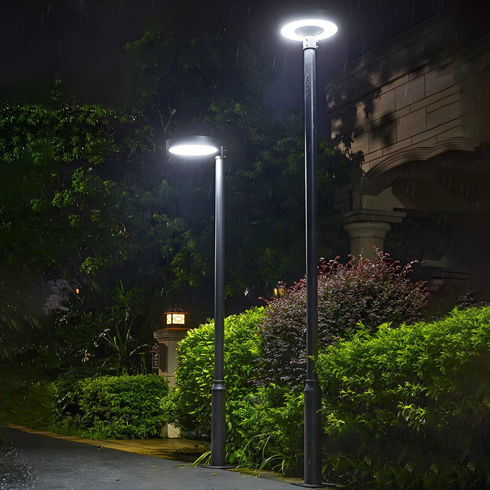 Round Solar LED Post Top Light — Aluminum & PMMA, Black, 20W Panel, IP65, Remote Control