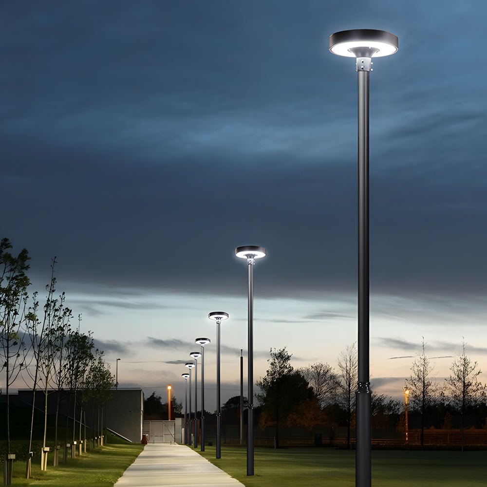 Round Solar LED Post Top Light — Aluminum & PMMA, Black, 20W Panel, IP65, Remote Control