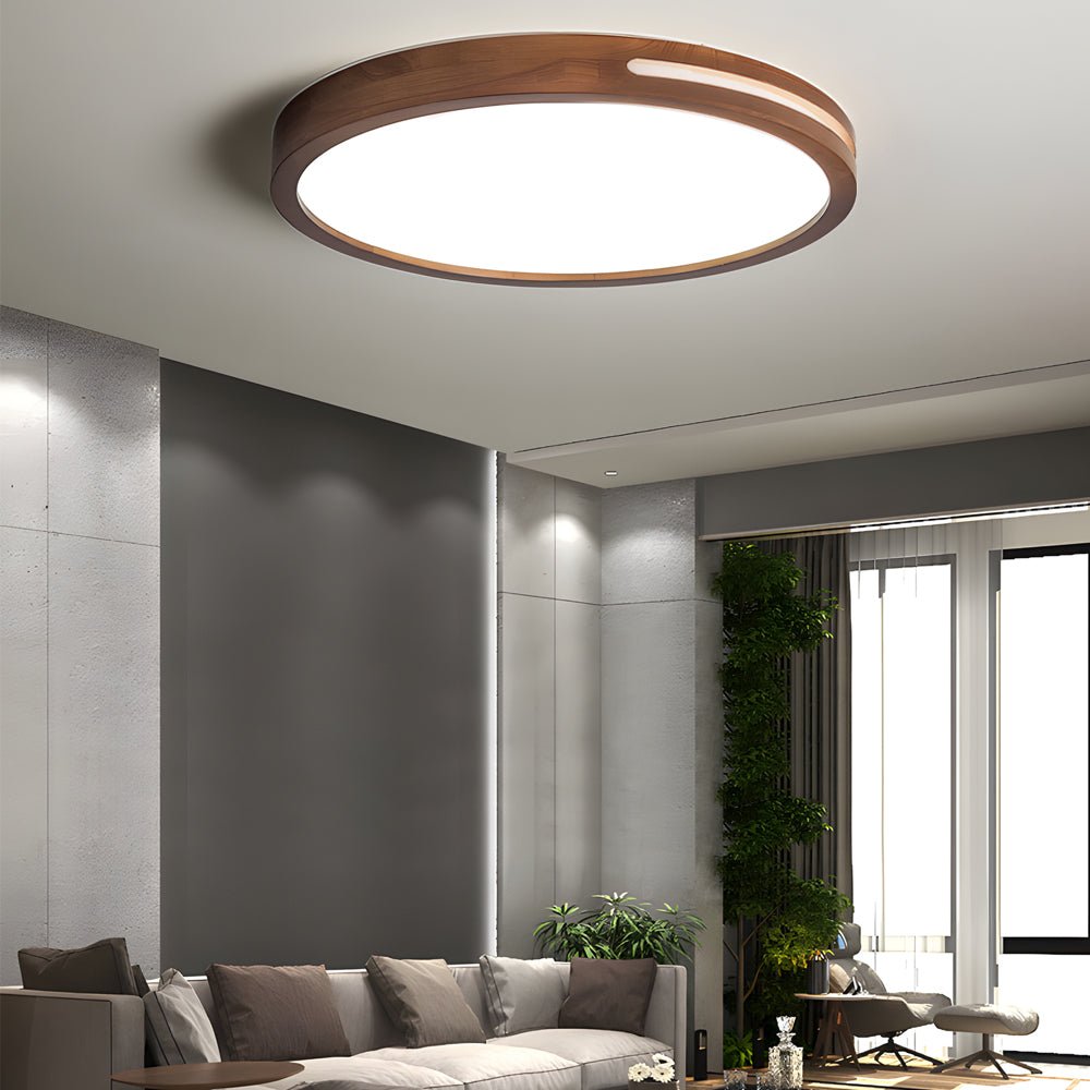 Retro Round Wood Flush-Mount Ceiling Light — Acrylic, LED, 3-Step Dimming, Remote Control, 15.7" or 19.7"