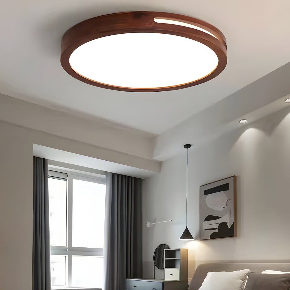 Retro Round Wood Flush-Mount Ceiling Light — Acrylic, LED, 3-Step Dimming, Remote Control, 15.7" or 19.7"