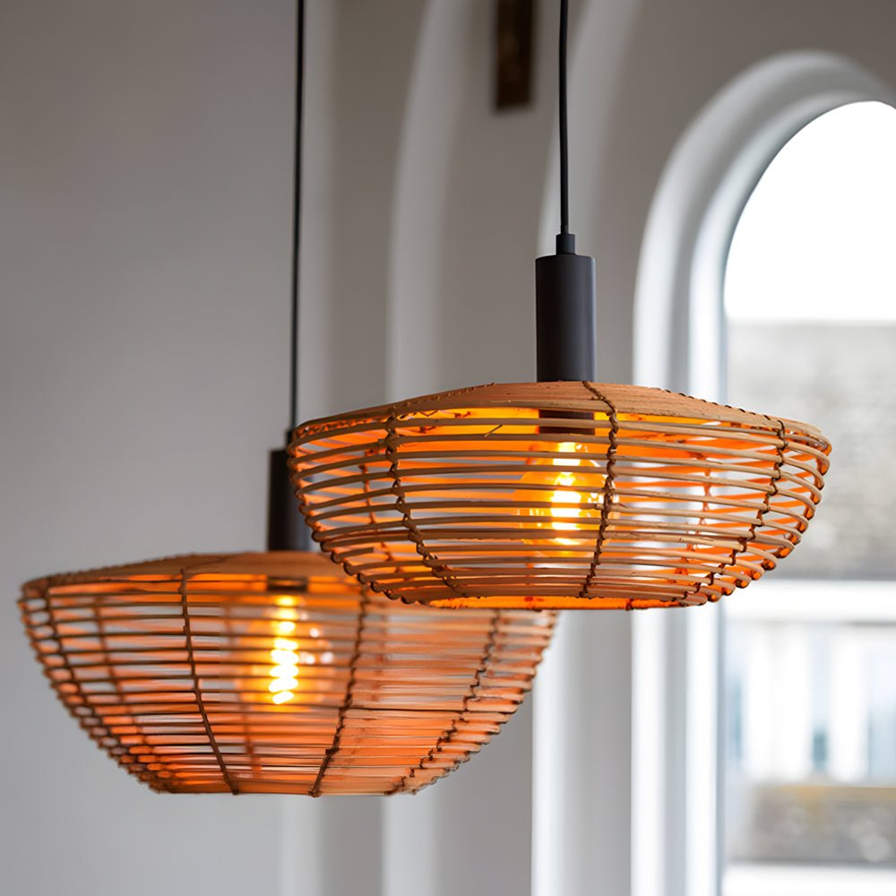 Round Woven Wabi-Sabi Pendant — Minimalist, Hardwired LED, Warm White 3000K, 15.7"–23.6" Diameter