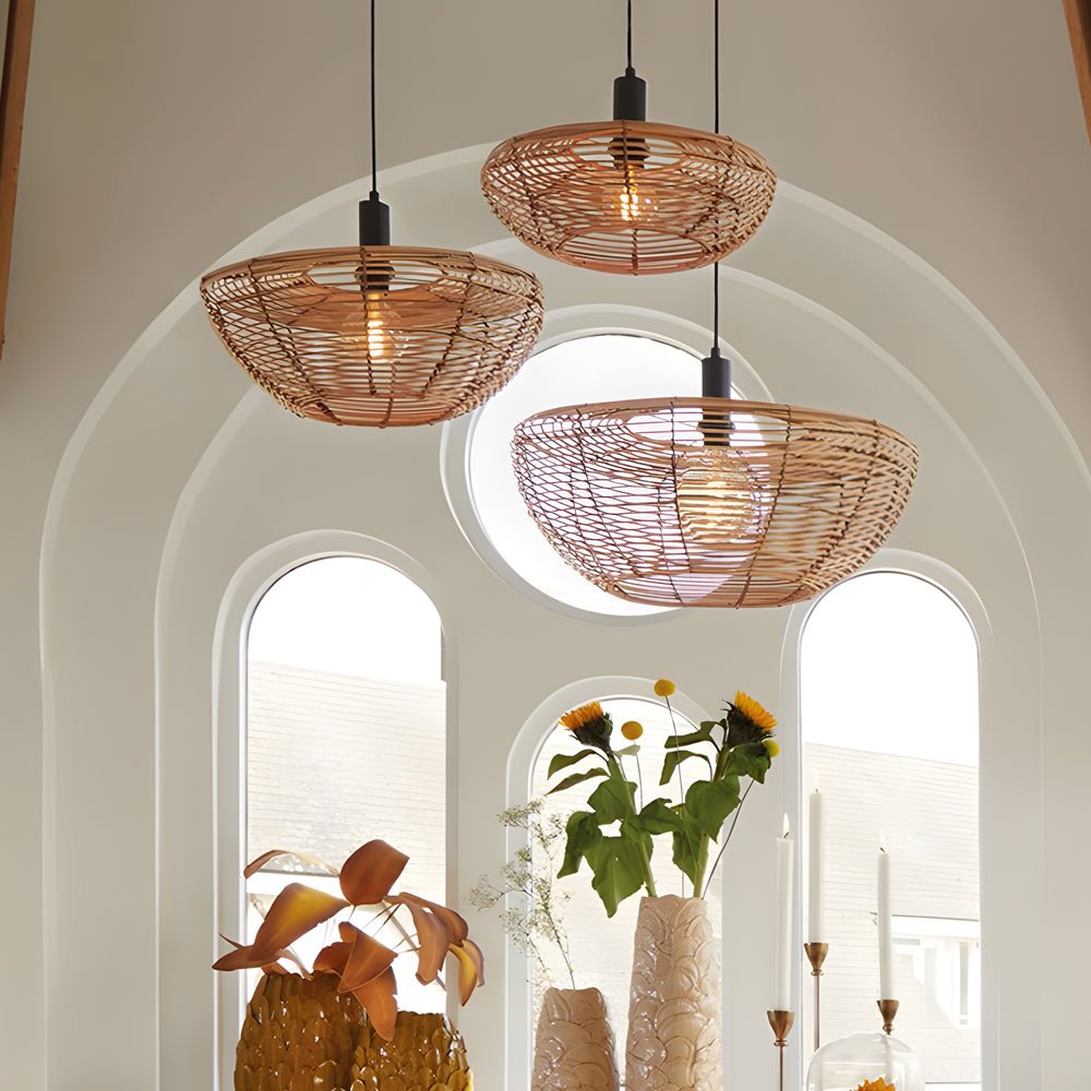 Round Woven Wabi-Sabi Pendant — Minimalist, Hardwired LED, Warm White 3000K, 15.7"–23.6" Diameter