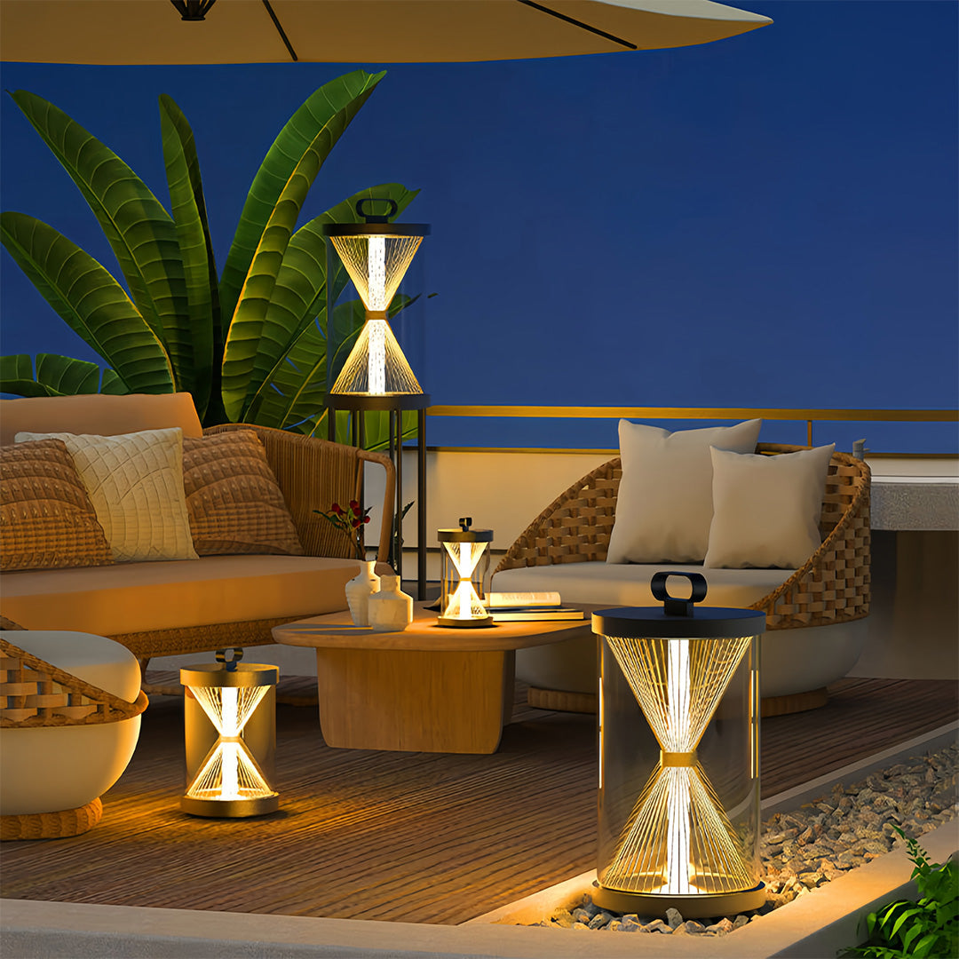 Hourglass Portable Outdoor Lantern — Black Stainless Steel, IP65, Plug-in or Solar, 13.2" / 23.6"