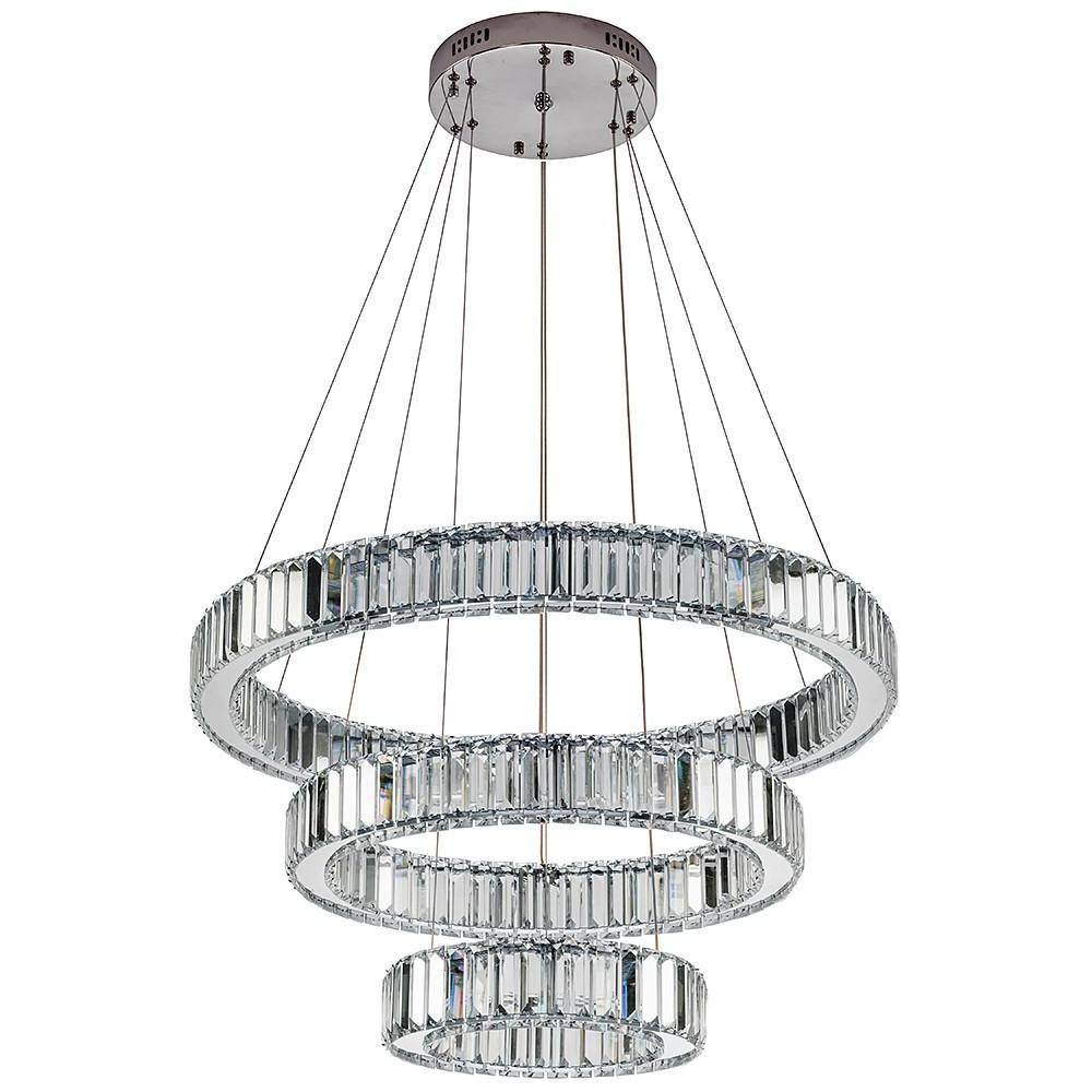 3-Tier Ring Chandelier — Polished Chrome and Crystal, LED, 28" Diameter, Adjustable Height