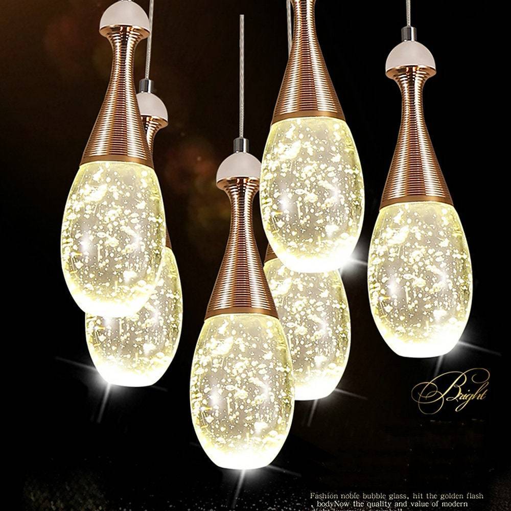 Drop-Shape Crystal & Electroplated Metal Multi-Light Pendant — Modern, 3-Light 11" or 6-Light 14", LED Integrated