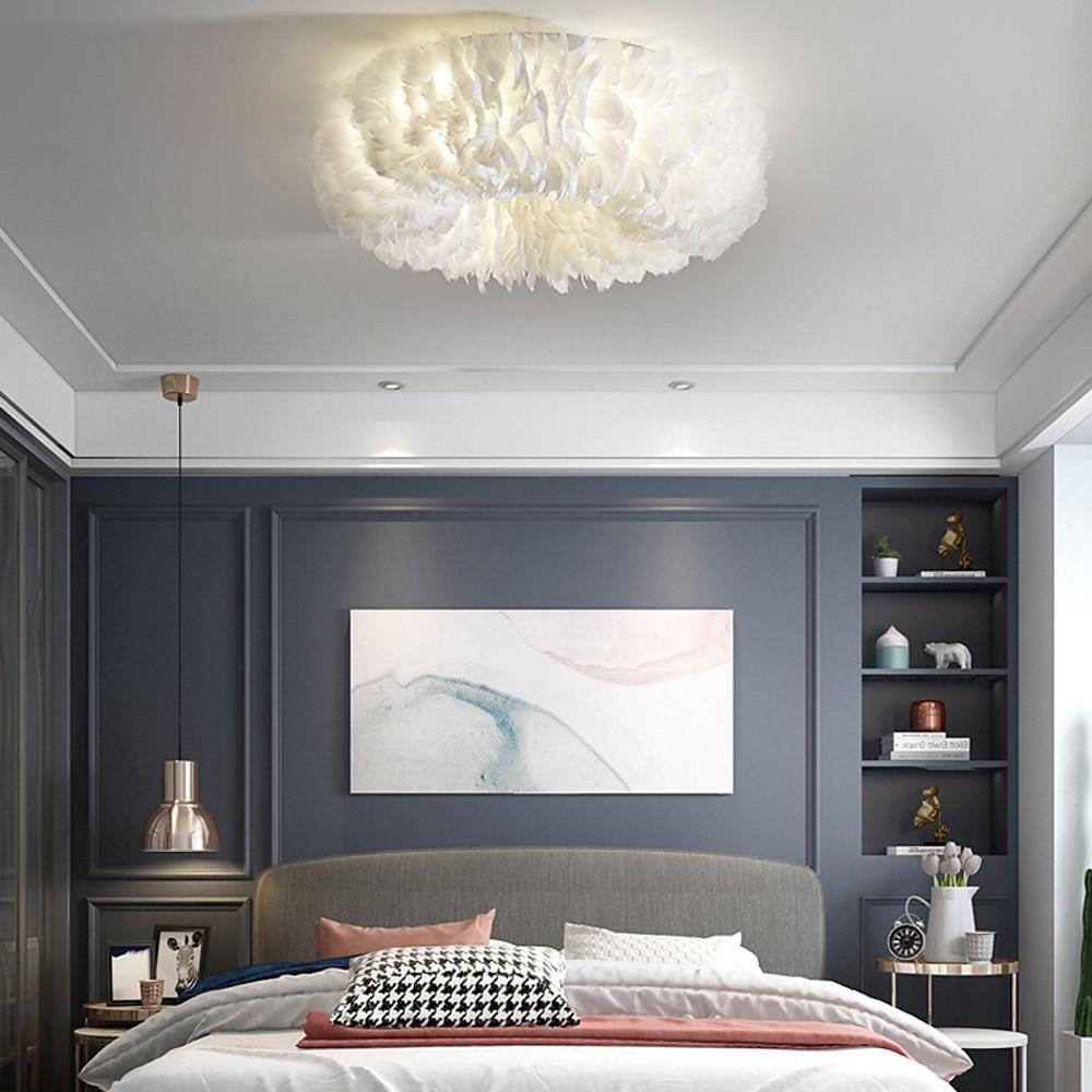 Round Feather Flush-Mount Chandelier — Metal, E27 LED, 3-Step Dimming, 6-Light or 8-Light, 20"–28"