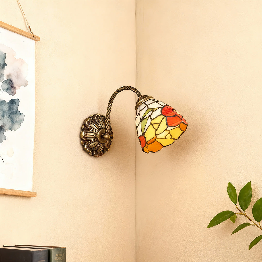 Stained Glass Wall Sconce — Brass with Copper Finish, E27, 12.2" W, Vintage Country