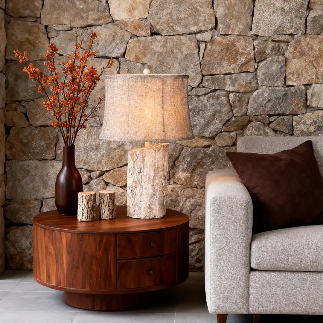 Ambient Lamp with White Wood Base and Realistic Bark Fabric Shade Luxe