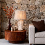 Ambient Lamp with White Wood Base and Realistic Bark Fabric Shade Luxe
