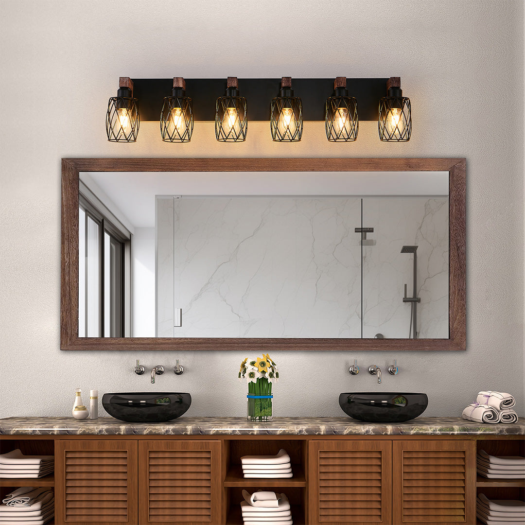 Metal Cage Bathroom Vanity Light — Black Finish, Walnut Wood, 3-to-7-Light, E26