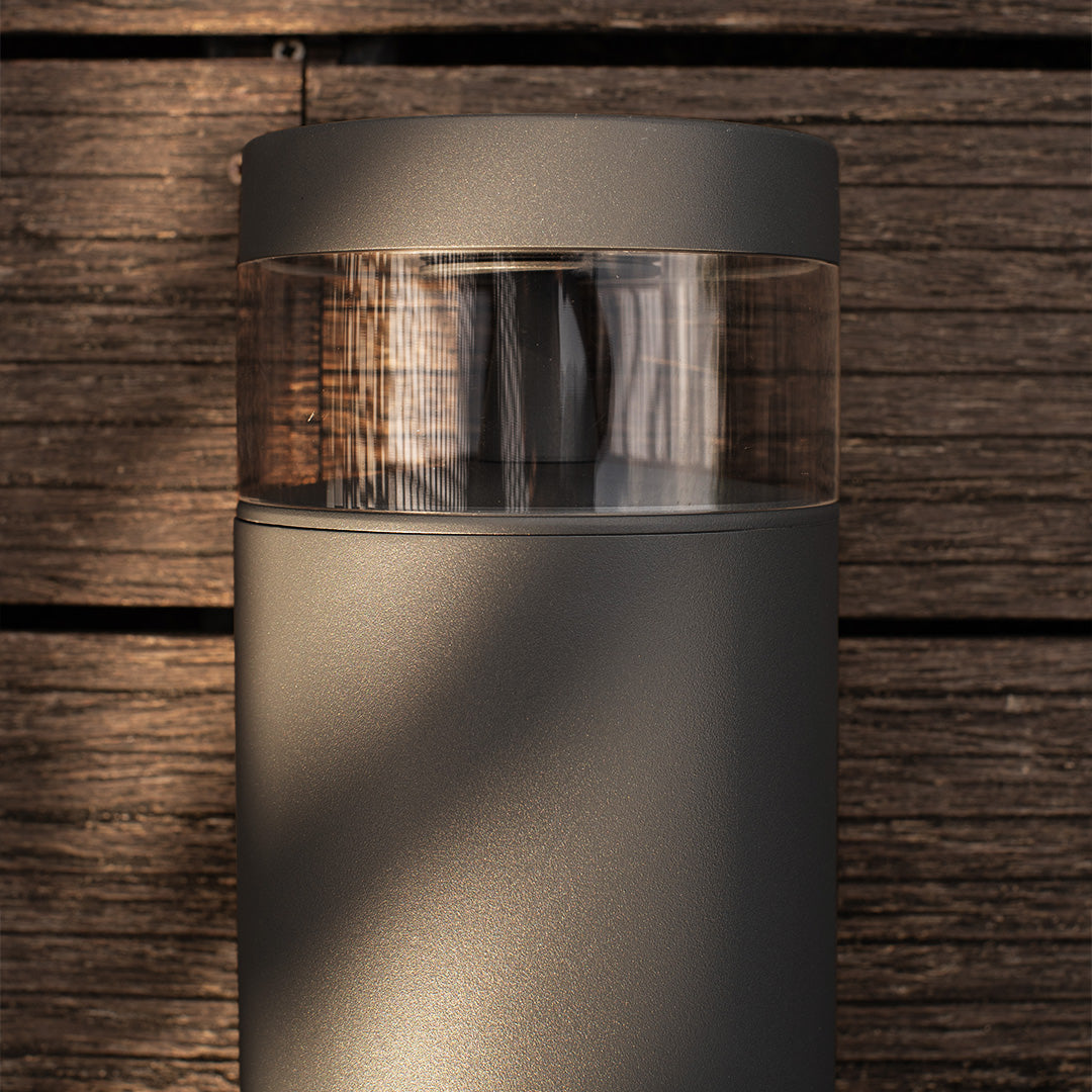 Minimalist Cylindrical Outdoor Bollard Path Light — Sand-Gray Aluminum, LED 12W, 3000K, IP65 Weatherproof
