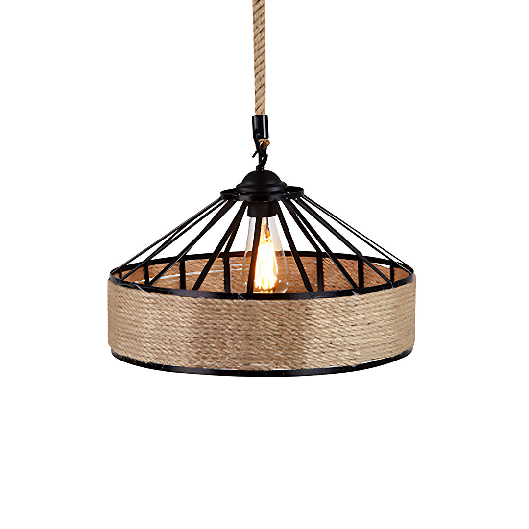 Circular Iron and Hemp Rope Pendant Light — Black, E27, 4W Warm, Adjustable 1.5m Suspension